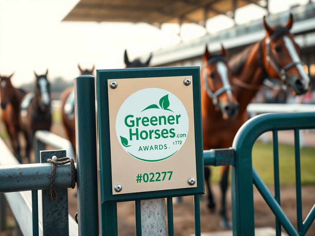 Greener Horses awards sign at a racecourse gate