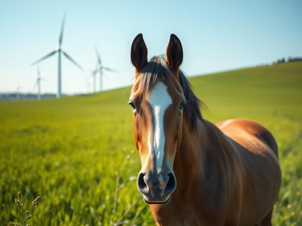 Horse in a green field with wind turbines in the distance